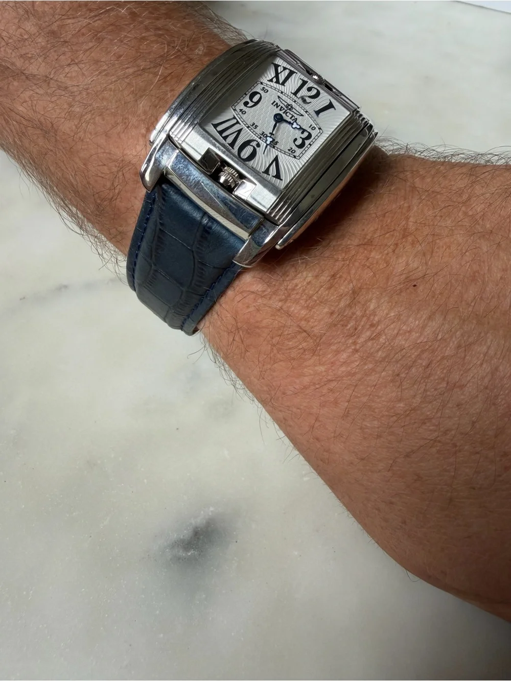 Invicta Men's Silver Case Flip Face Watch  with Dark Blue Leather Strap